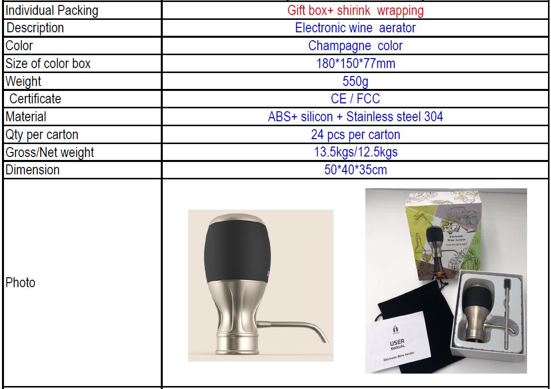 2020 Factory Wholesale Price NEW Stainless Steel Electronic Wine Aerator