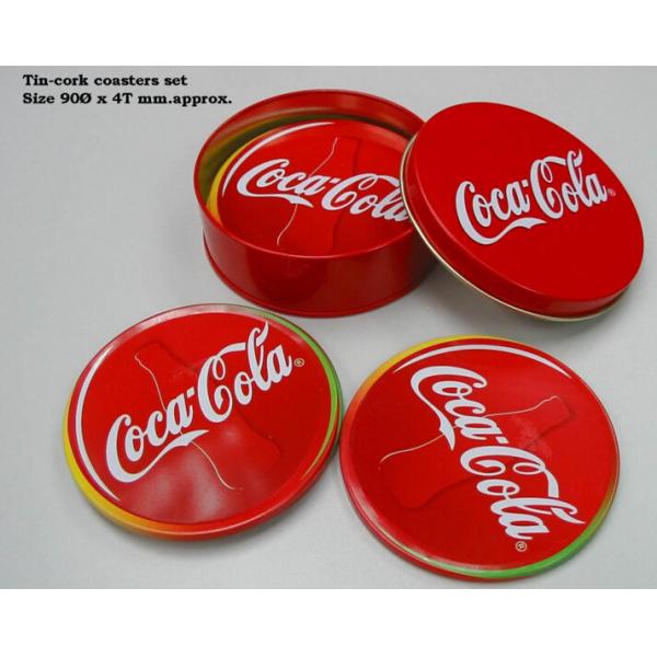 Promotional cheap fashion tin coaster with cork base set 4 in tin box