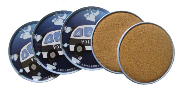 Promotional cheap fashion tin coaster with cork base set 4 in tin box