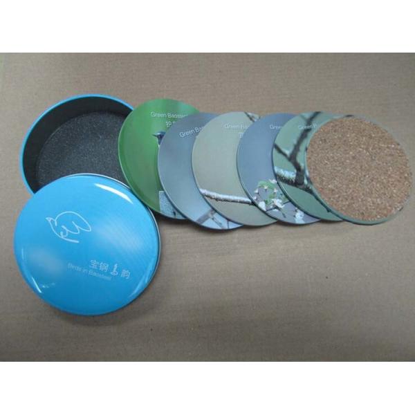 Promotional cheap fashion tin coaster with cork base set 4 in tin box