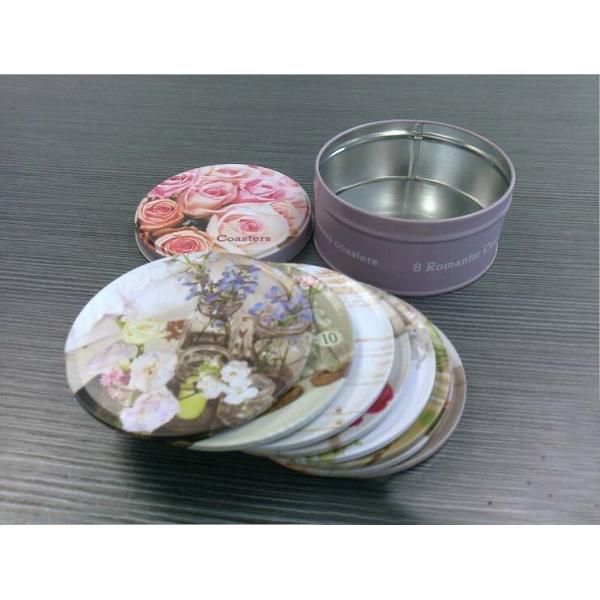 Promotional cheap fashion tin coaster with cork base set 4 in tin box