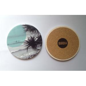 Round ceramic coaster with cork backing and UV printed/ silkscreen logo Round ceramic coaster with cork backing and UV printed/ silkscreen logo