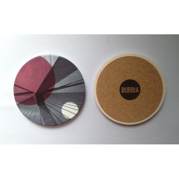 Round ceramic coaster with cork backing and UV printed/ silkscreen logo Round ceramic coaster with cork backing and UV printed/ silkscreen logo